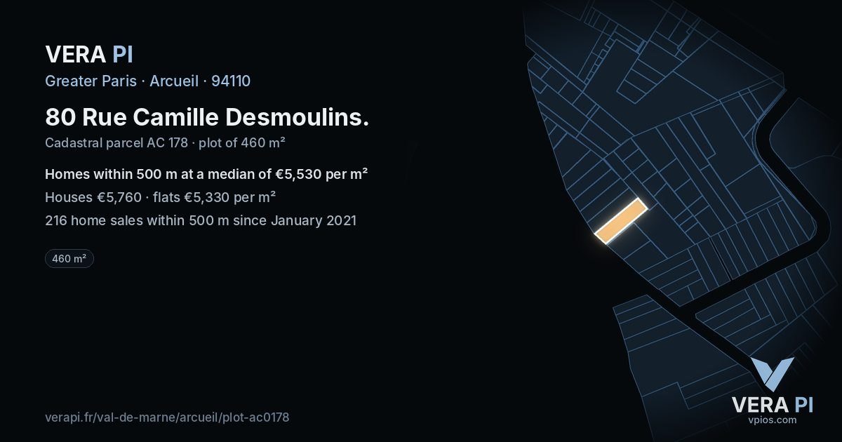 80 Rue Camille Desmoulins, Arcueil at night – the plot lit, the parcels around coloured by the prices near them