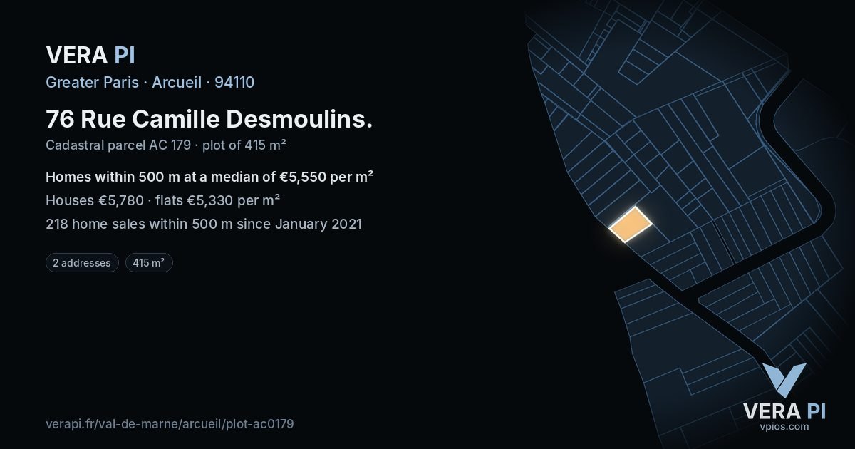 76 Rue Camille Desmoulins, Arcueil at night – the plot lit, the parcels around coloured by the prices near them
