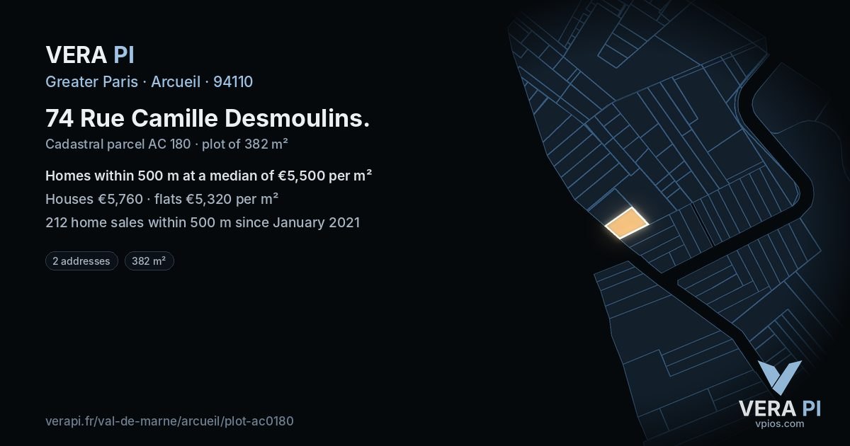 74 Rue Camille Desmoulins, Arcueil at night – the plot lit, the parcels around coloured by the prices near them