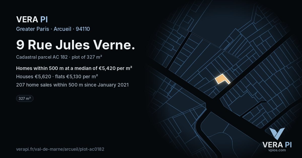 9 Rue Jules Verne, Arcueil at night – the plot lit, the parcels around coloured by the prices near them