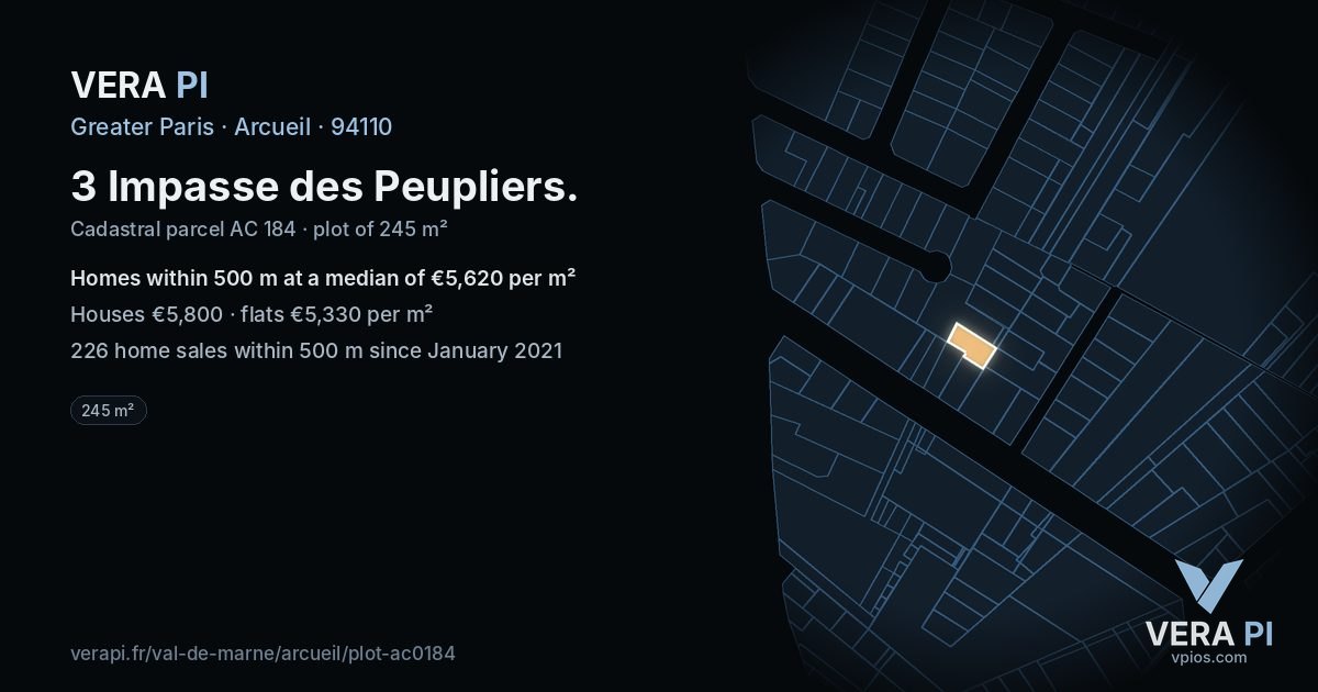 3 Impasse des Peupliers, Arcueil at night – the plot lit, the parcels around coloured by the prices near them