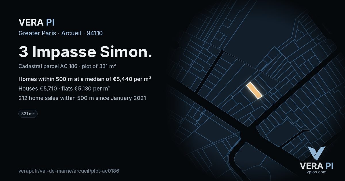 3 Impasse Simon, Arcueil at night – the plot lit, the parcels around coloured by the prices near them