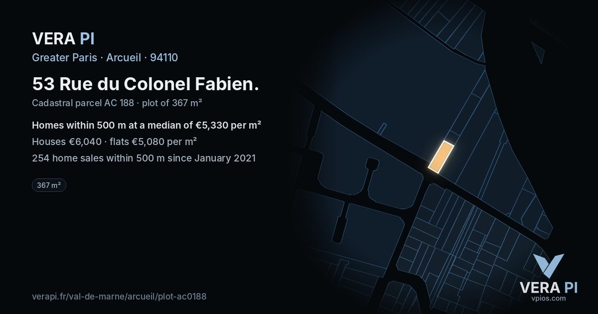 53 Rue du Colonel Fabien, Arcueil at night – the plot lit, the parcels around coloured by the prices near them