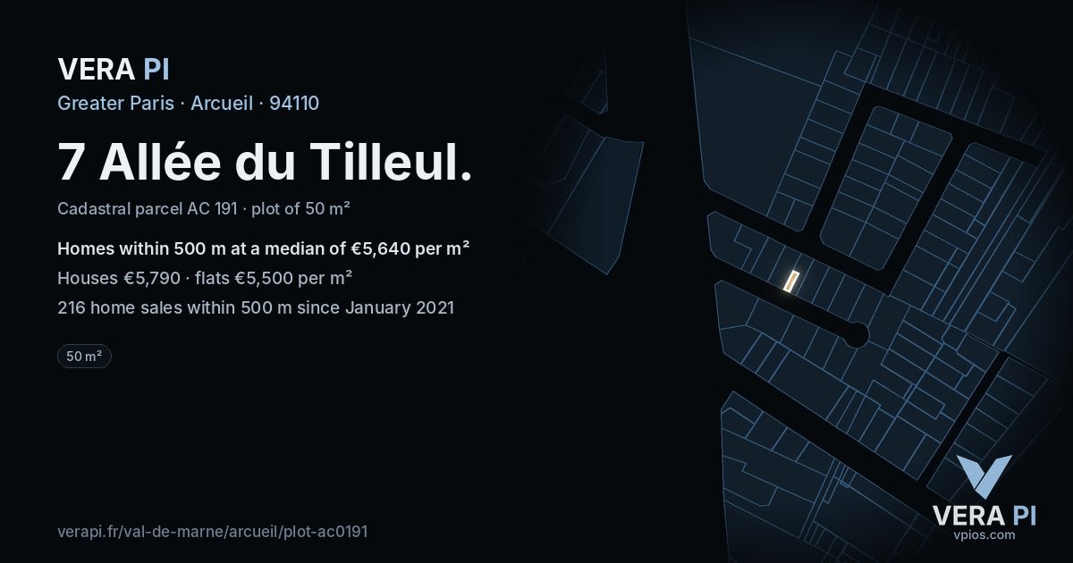 7 Allée du Tilleul, Arcueil at night – the plot lit, the parcels around coloured by the prices near them