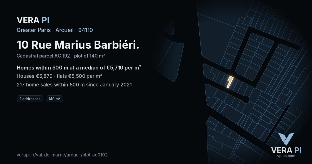 10 Rue Marius Barbiéri, Arcueil at night – the plot lit, the parcels around coloured by the prices near them