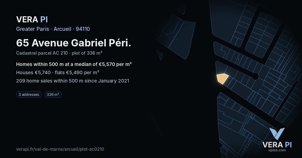 65 Avenue Gabriel Péri, Arcueil at night – the plot lit, the parcels around coloured by the prices near them