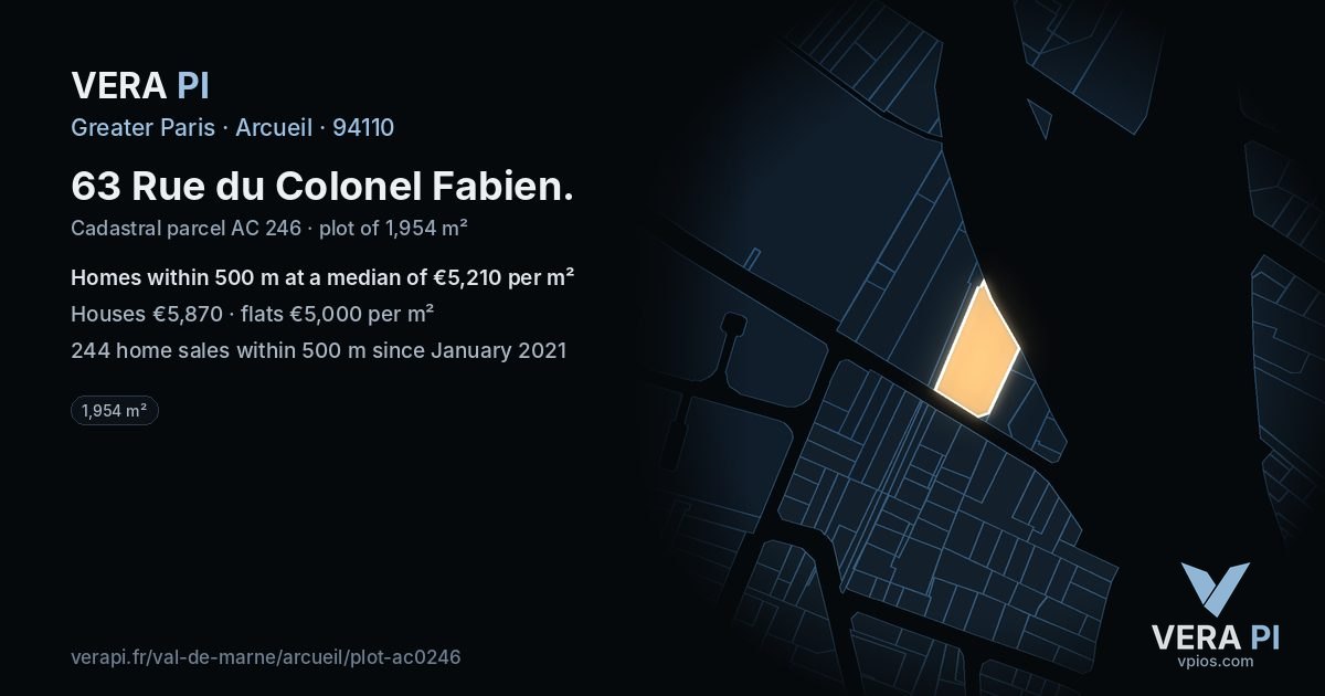 63 Rue du Colonel Fabien, Arcueil at night – the plot lit, the parcels around coloured by the prices near them