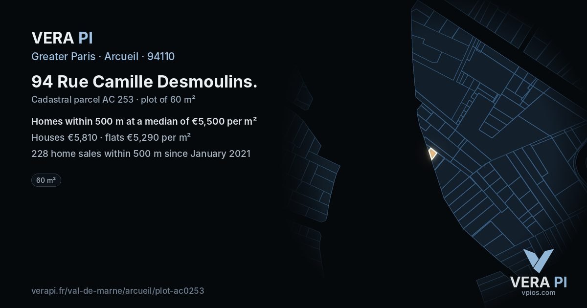 94 Rue Camille Desmoulins, Arcueil at night – the plot lit, the parcels around coloured by the prices near them