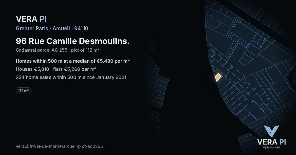 96 Rue Camille Desmoulins, Arcueil at night – the plot lit, the parcels around coloured by the prices near them