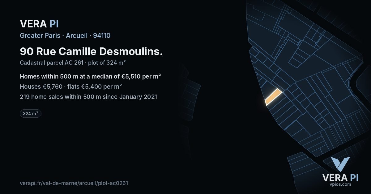 90 Rue Camille Desmoulins, Arcueil at night – the plot lit, the parcels around coloured by the prices near them