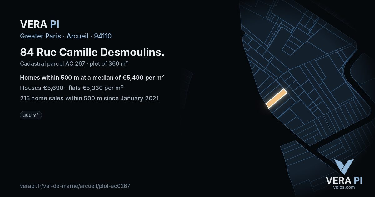 84 Rue Camille Desmoulins, Arcueil at night – the plot lit, the parcels around coloured by the prices near them