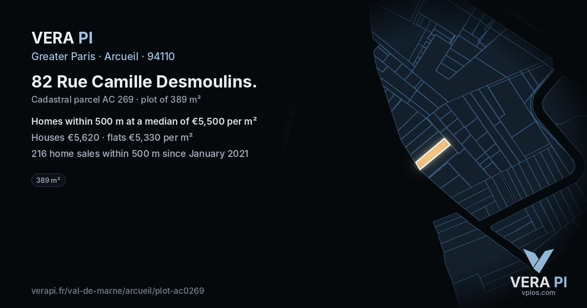 82 Rue Camille Desmoulins, Arcueil at night – the plot lit, the parcels around coloured by the prices near them