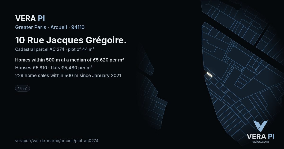 10 Rue Jacques Grégoire, Arcueil at night – the plot lit, the parcels around coloured by the prices near them