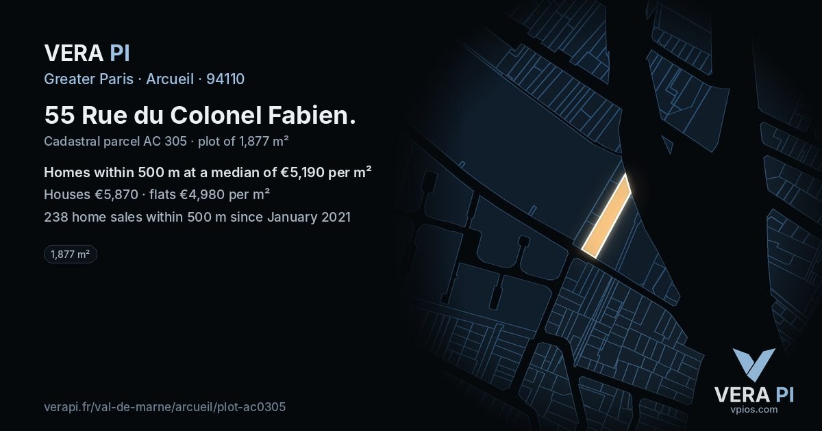 55 Rue du Colonel Fabien, Arcueil at night – the plot lit, the parcels around coloured by the prices near them