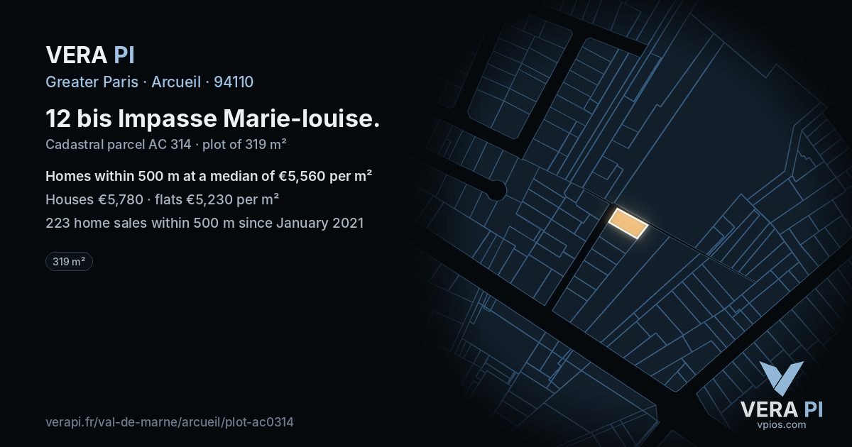 12 bis Impasse Marie-louise, Arcueil at night – the plot lit, the parcels around coloured by the prices near them