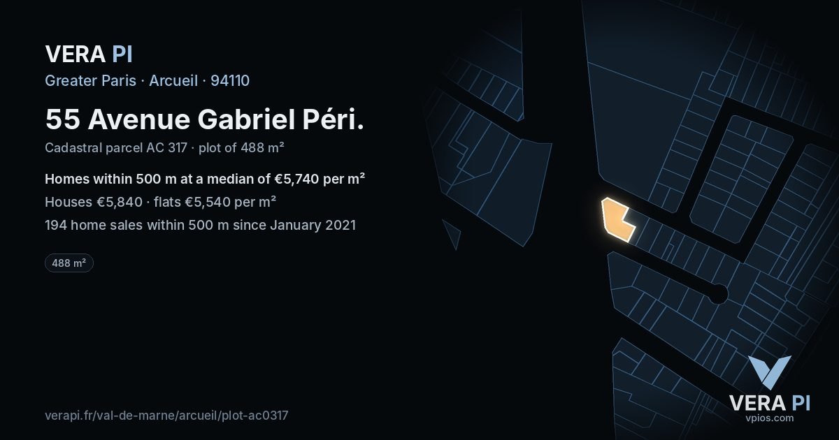 55 Avenue Gabriel Péri, Arcueil at night – the plot lit, the parcels around coloured by the prices near them