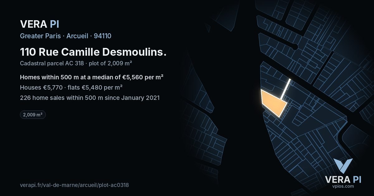 110 Rue Camille Desmoulins, Arcueil at night – the plot lit, the parcels around coloured by the prices near them