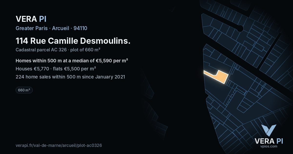 114 Rue Camille Desmoulins, Arcueil at night – the plot lit, the parcels around coloured by the prices near them