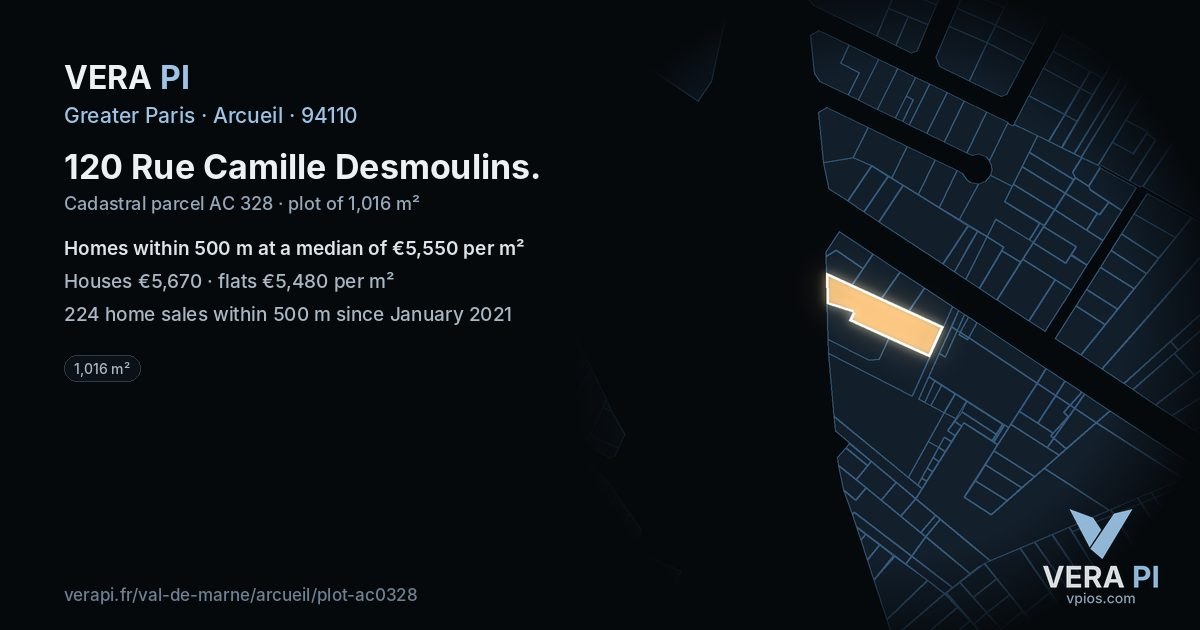 120 Rue Camille Desmoulins, Arcueil at night – the plot lit, the parcels around coloured by the prices near them
