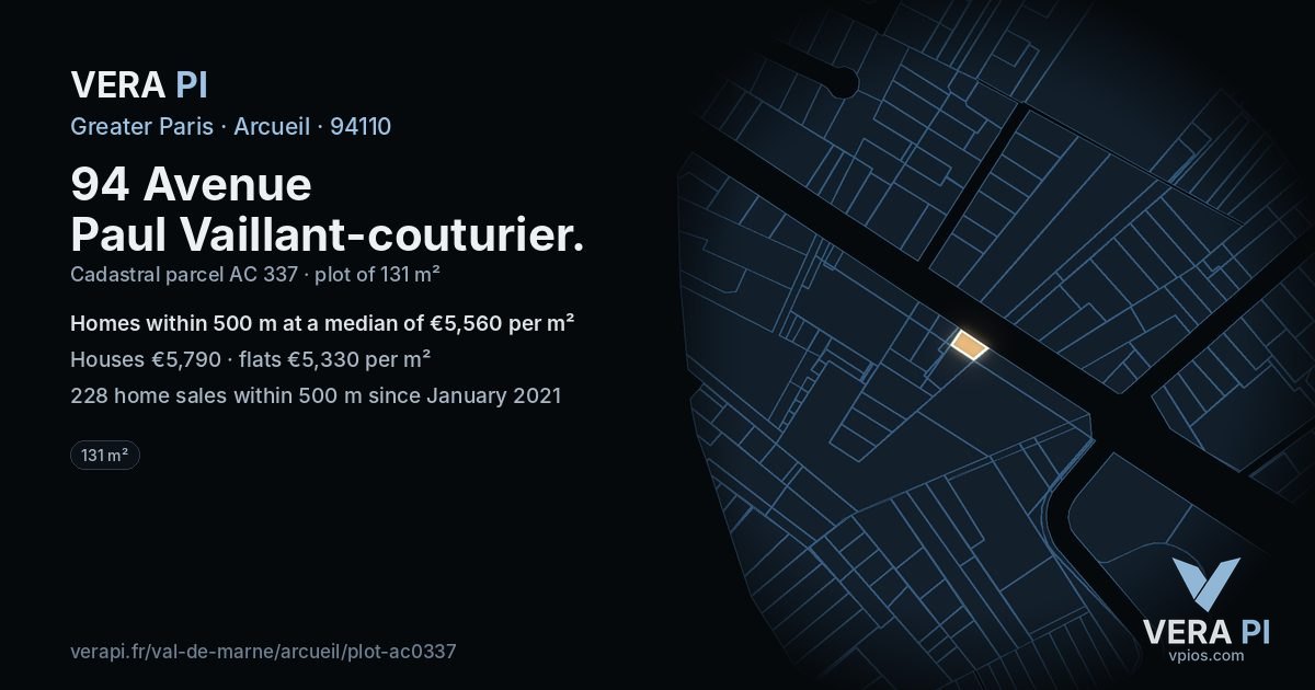 94 Avenue Paul Vaillant-couturier, Arcueil at night – the plot lit, the parcels around coloured by the prices near them