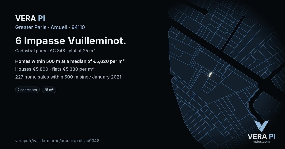 6 Impasse Vuilleminot, Arcueil at night – the plot lit, the parcels around coloured by the prices near them