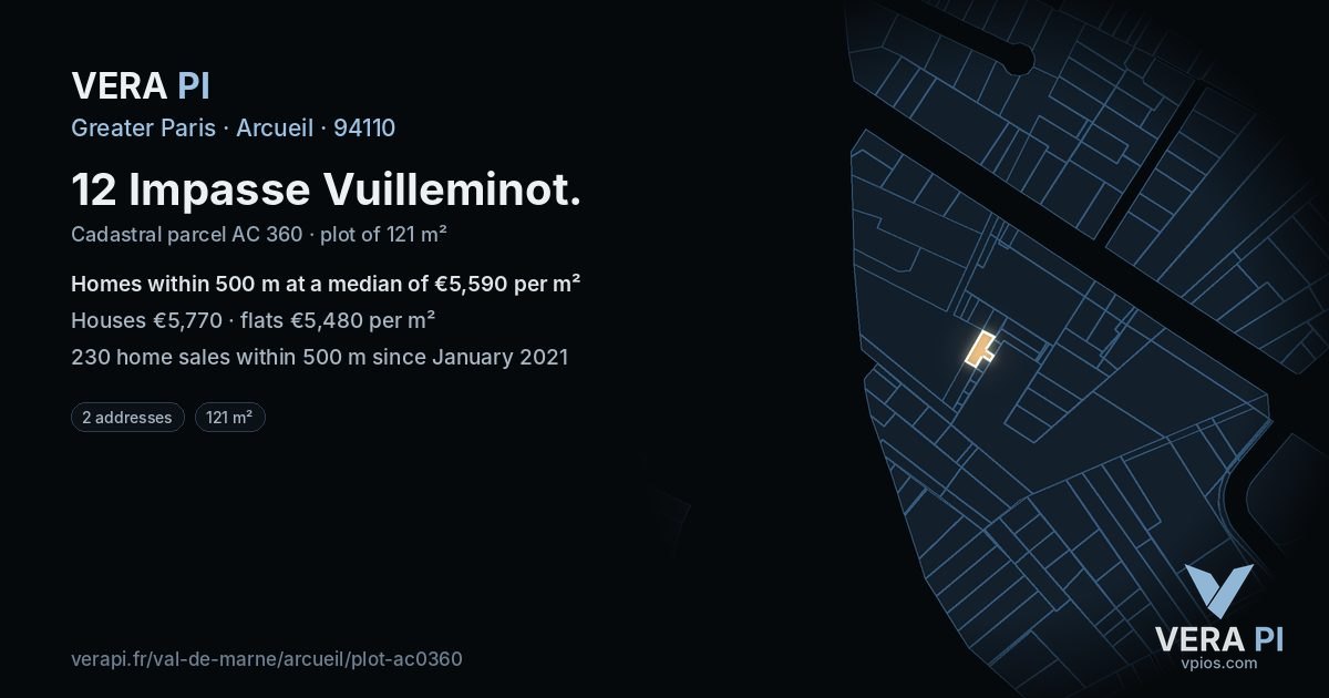 12 Impasse Vuilleminot, Arcueil at night – the plot lit, the parcels around coloured by the prices near them