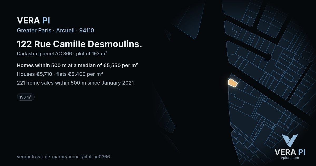 122 Rue Camille Desmoulins, Arcueil at night – the plot lit, the parcels around coloured by the prices near them