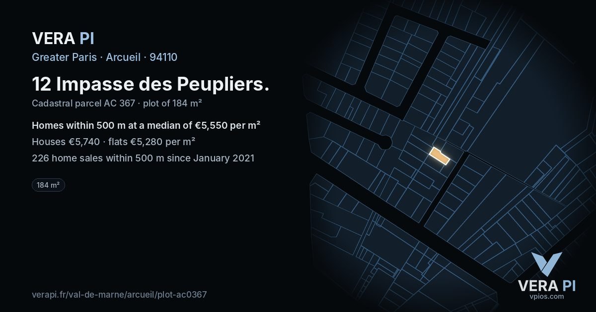 12 Impasse des Peupliers, Arcueil at night – the plot lit, the parcels around coloured by the prices near them