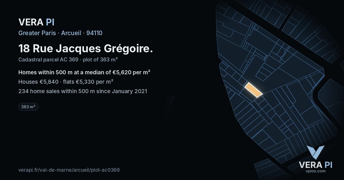 18 Rue Jacques Grégoire, Arcueil at night – the plot lit, the parcels around coloured by the prices near them
