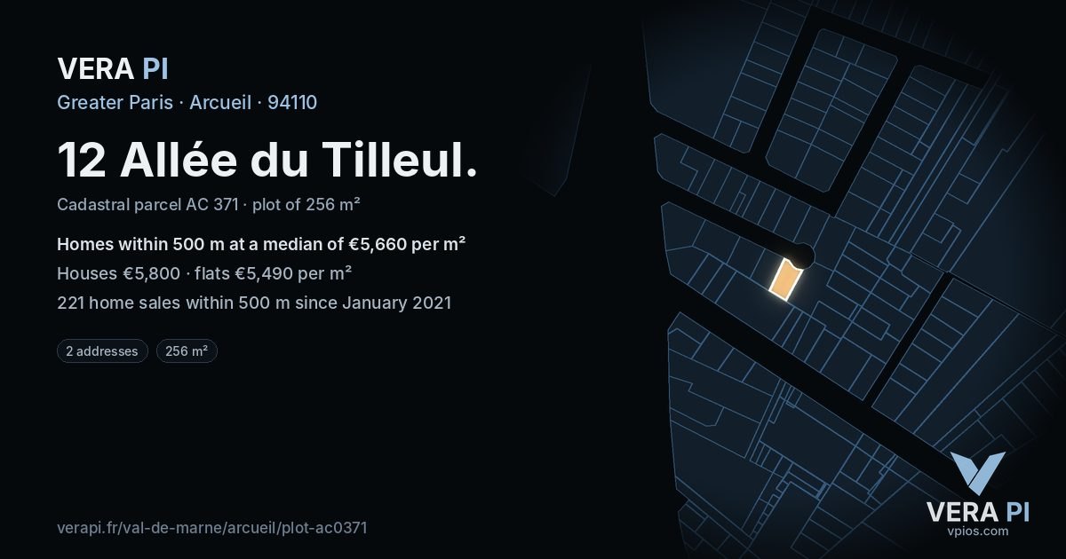 12 Allée du Tilleul, Arcueil at night – the plot lit, the parcels around coloured by the prices near them