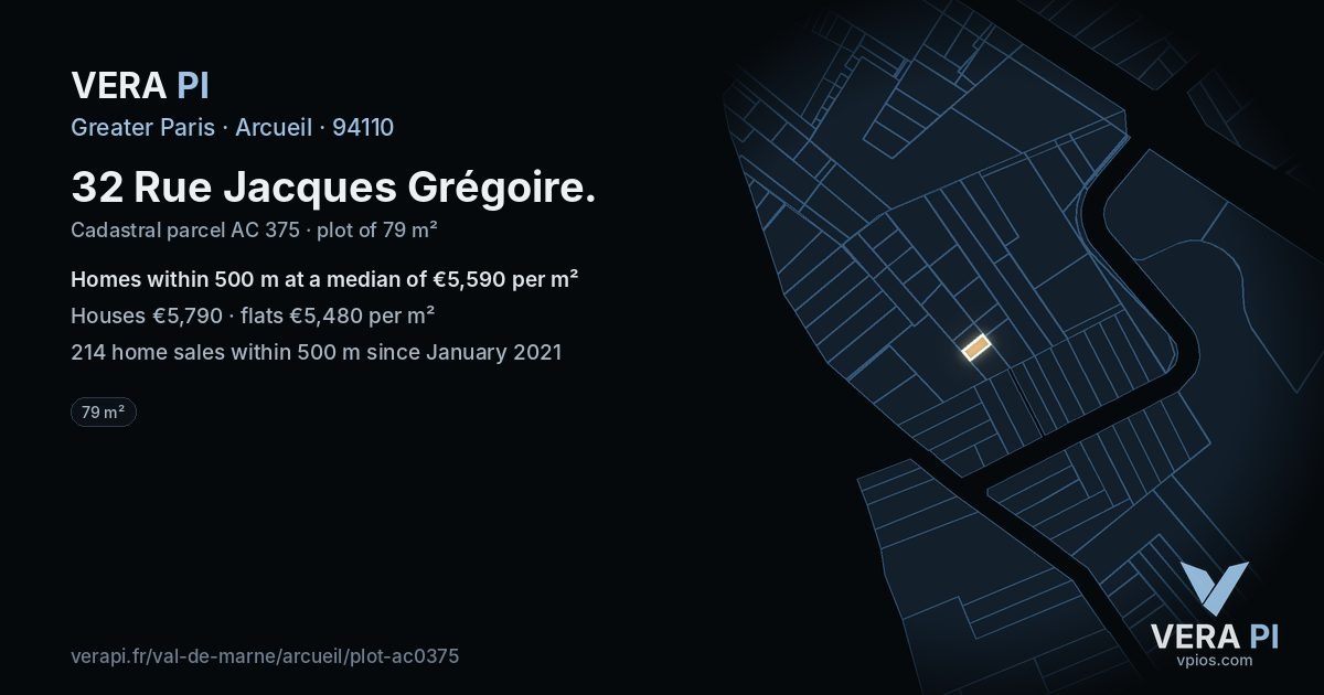 32 Rue Jacques Grégoire, Arcueil at night – the plot lit, the parcels around coloured by the prices near them
