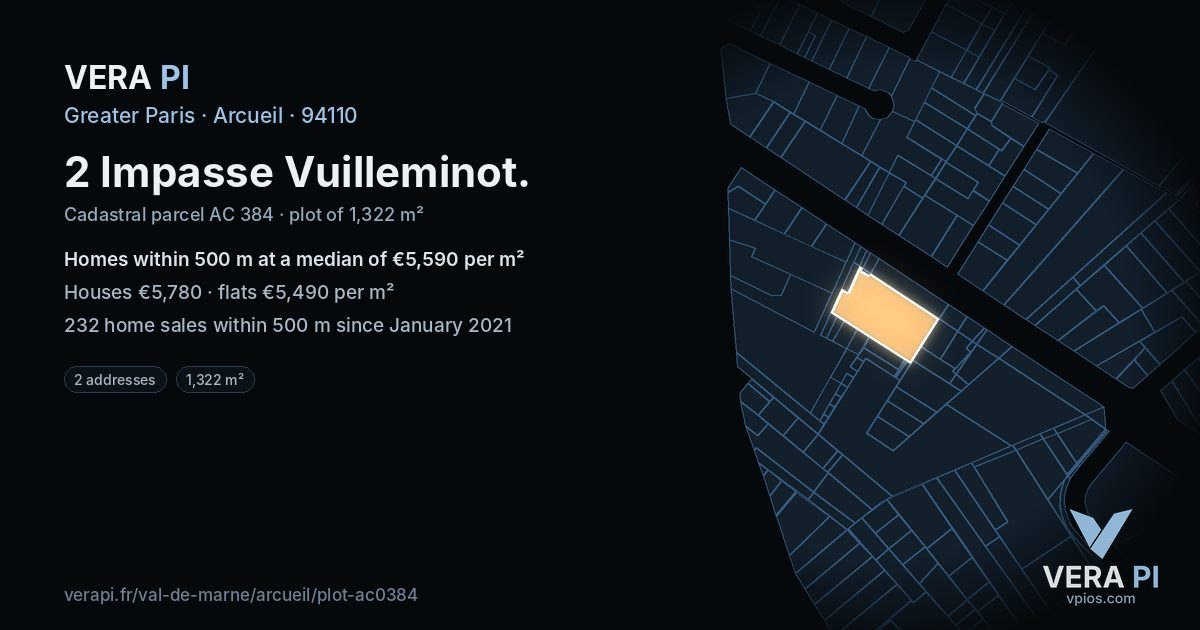 2 Impasse Vuilleminot, Arcueil at night – the plot lit, the parcels around coloured by the prices near them