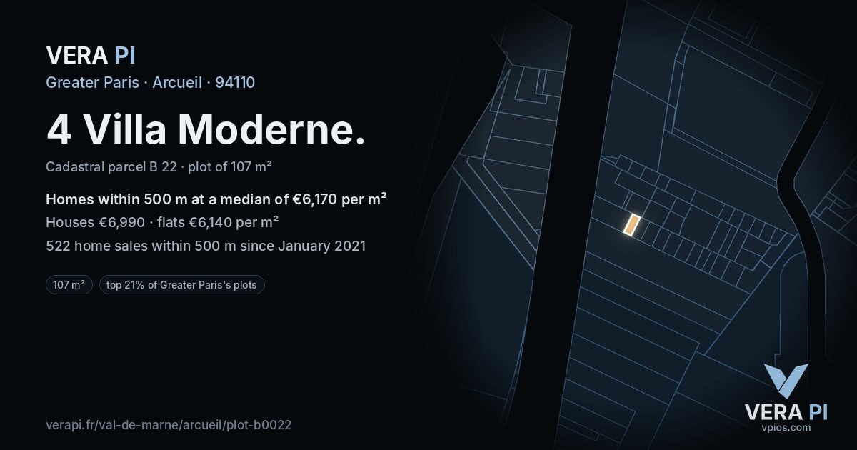 4 Villa Moderne, Arcueil at night – the plot lit, the parcels around coloured by the prices near them