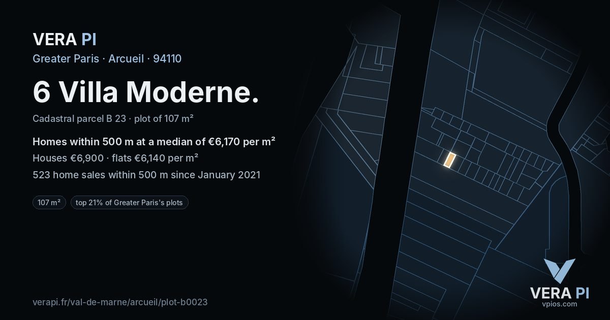 6 Villa Moderne, Arcueil at night – the plot lit, the parcels around coloured by the prices near them