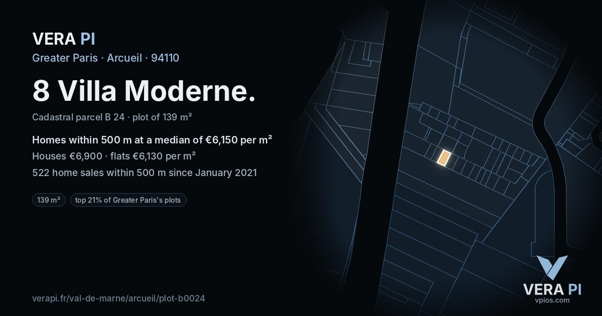 8 Villa Moderne, Arcueil at night – the plot lit, the parcels around coloured by the prices near them
