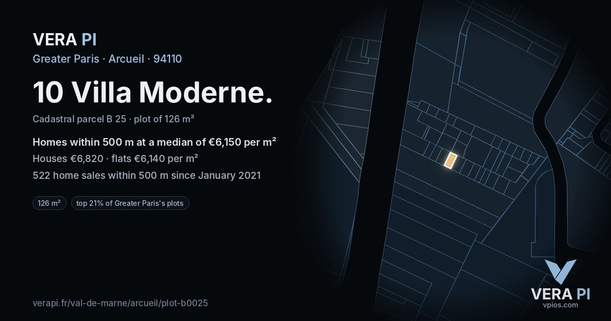 10 Villa Moderne, Arcueil at night – the plot lit, the parcels around coloured by the prices near them