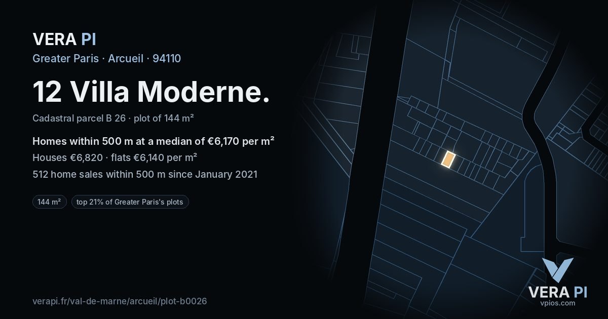 12 Villa Moderne, Arcueil at night – the plot lit, the parcels around coloured by the prices near them