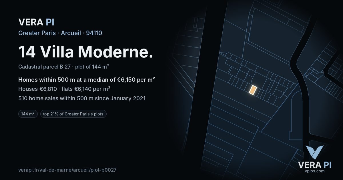 14 Villa Moderne, Arcueil at night – the plot lit, the parcels around coloured by the prices near them