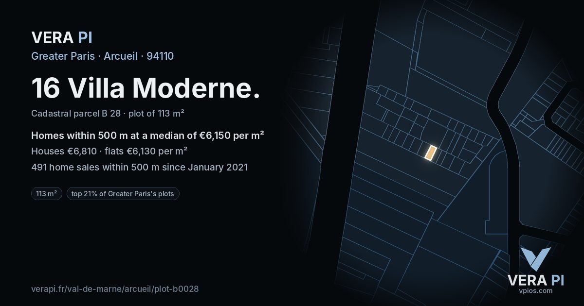 16 Villa Moderne, Arcueil at night – the plot lit, the parcels around coloured by the prices near them