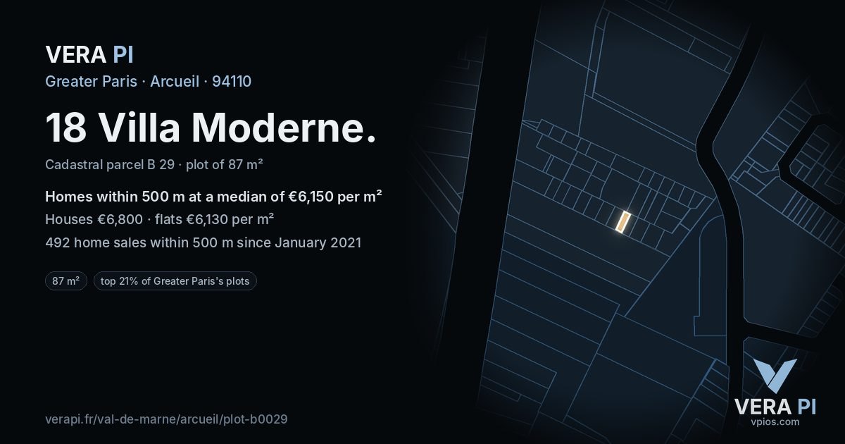 18 Villa Moderne, Arcueil at night – the plot lit, the parcels around coloured by the prices near them