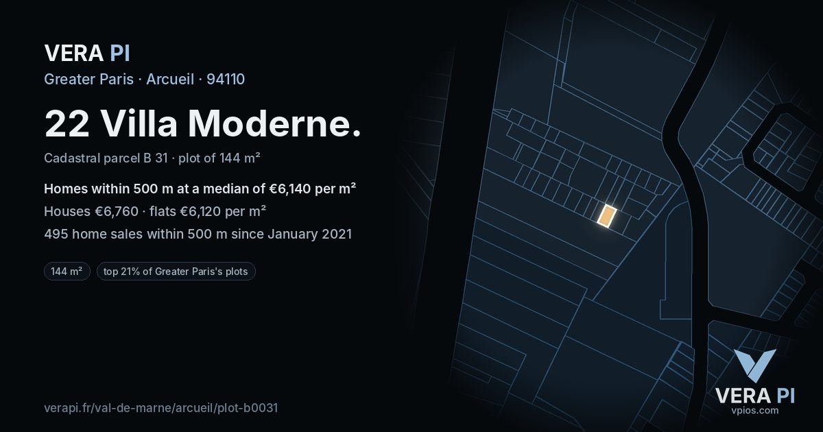22 Villa Moderne, Arcueil at night – the plot lit, the parcels around coloured by the prices near them
