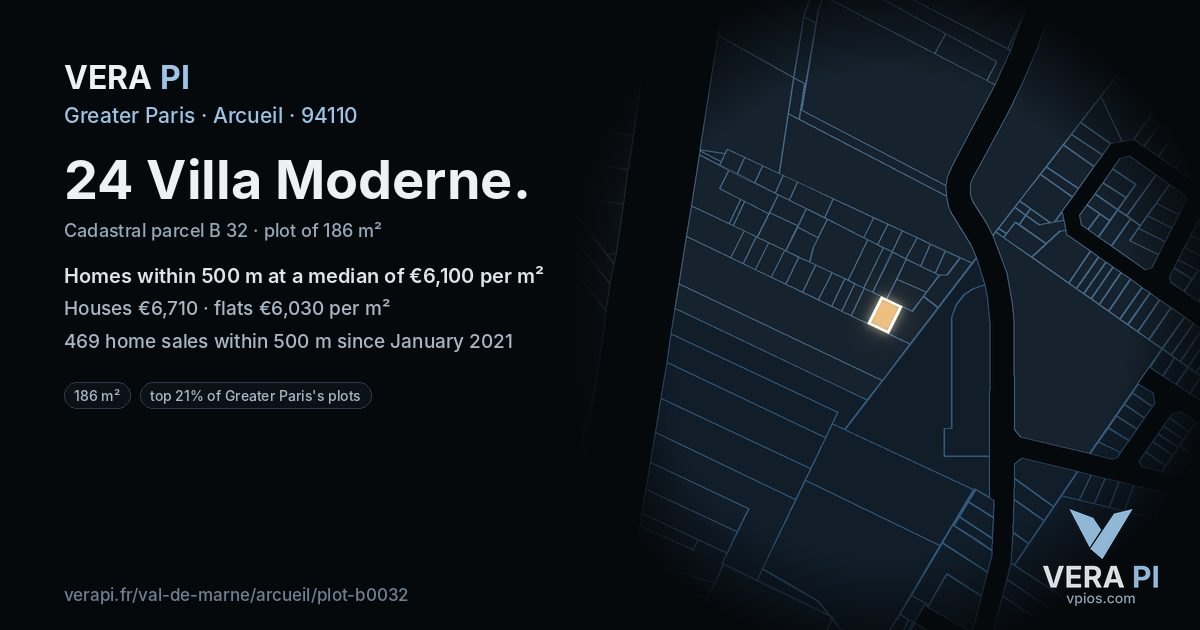 24 Villa Moderne, Arcueil at night – the plot lit, the parcels around coloured by the prices near them