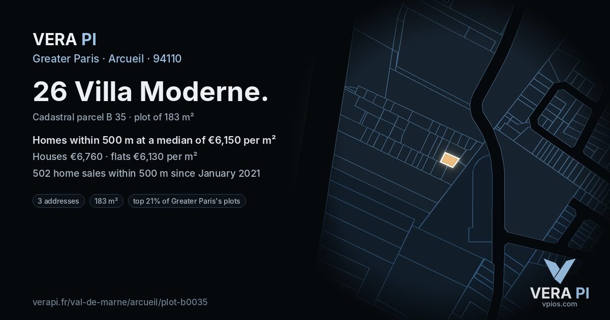 26 Villa Moderne, Arcueil at night – the plot lit, the parcels around coloured by the prices near them