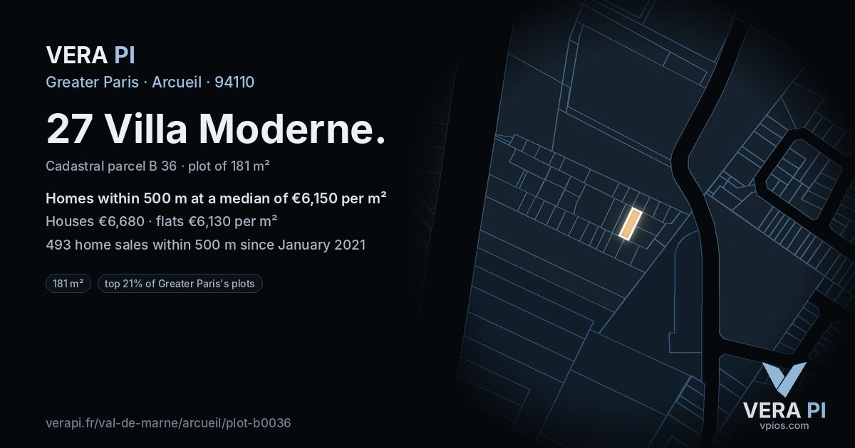 27 Villa Moderne, Arcueil at night – the plot lit, the parcels around coloured by the prices near them