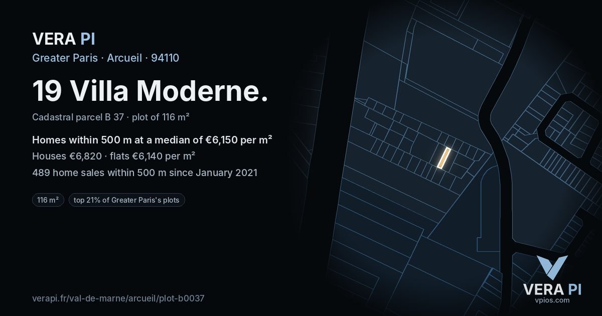 19 Villa Moderne, Arcueil at night – the plot lit, the parcels around coloured by the prices near them