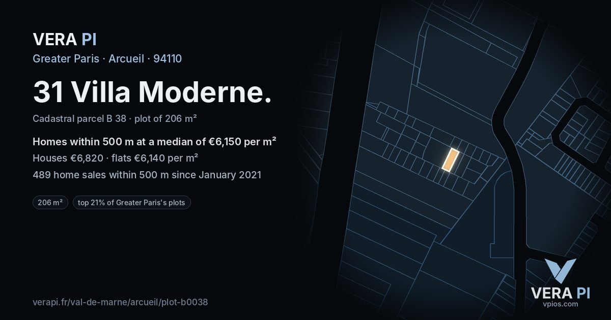31 Villa Moderne, Arcueil at night – the plot lit, the parcels around coloured by the prices near them