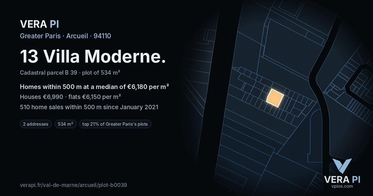 13 Villa Moderne, Arcueil at night – the plot lit, the parcels around coloured by the prices near them