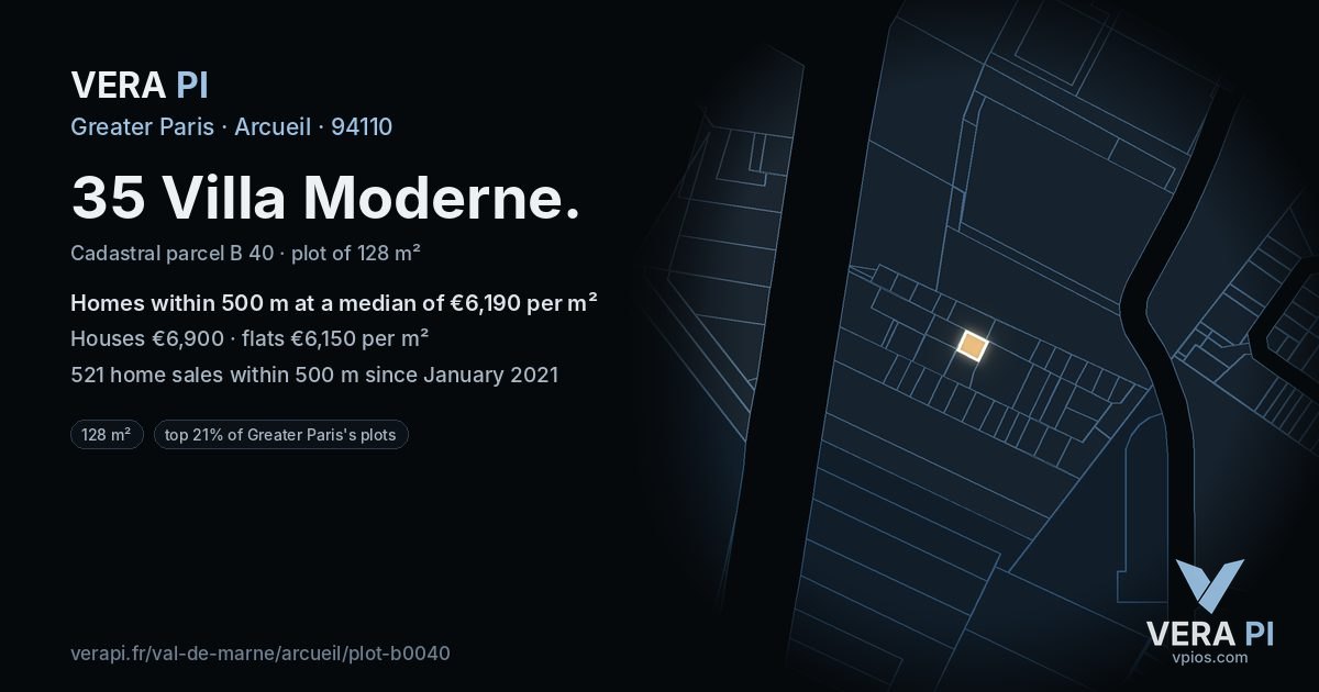 35 Villa Moderne, Arcueil at night – the plot lit, the parcels around coloured by the prices near them