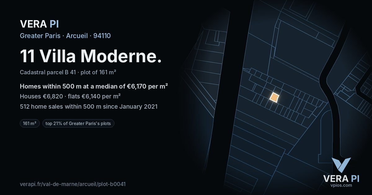 11 Villa Moderne, Arcueil at night – the plot lit, the parcels around coloured by the prices near them