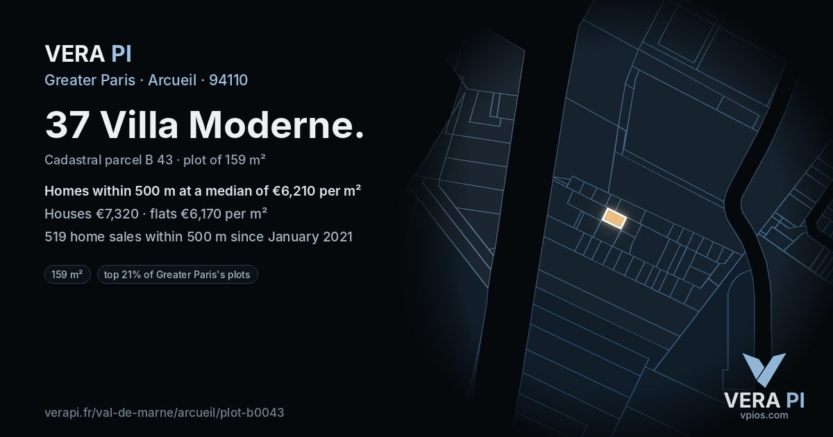 37 Villa Moderne, Arcueil at night – the plot lit, the parcels around coloured by the prices near them